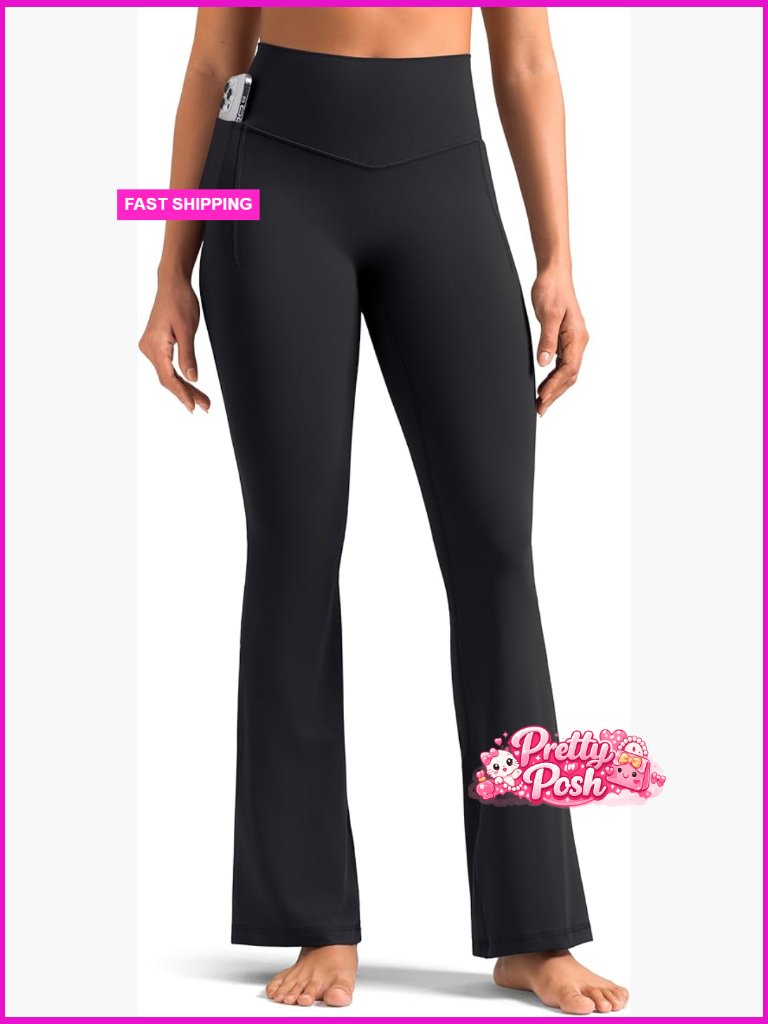 High Waist No Front Seam Yoga Pants With Pockets, Flare Leg